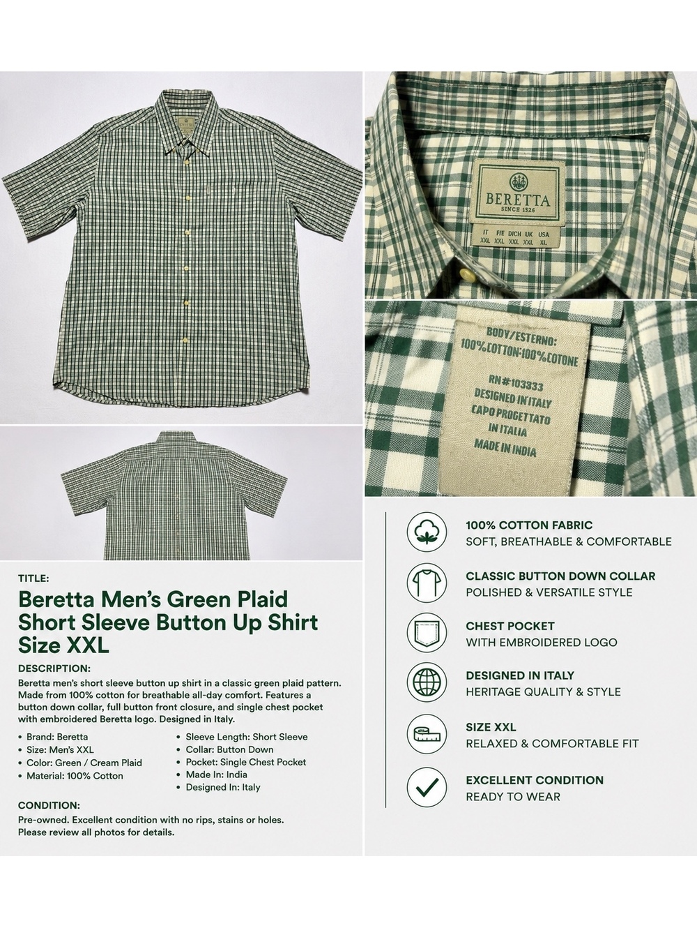 Beretta Men’s XXL Green Plaid 100% Cotton Short Sleeve Button Up Shirt